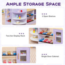 Purple supermarket playset showing three curved shelves, a two-tier display rack and single-door cabinet