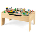 Natural wooden train activity table with tracks, trains, bridge, buildings and play scenery