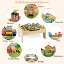 TM10140 train table accessory details including heliport, figures, fishing pond, vehicles, buildings and bridge