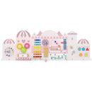Pink castle sensory wall board arranged as five activity panels
