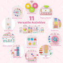 Eleven activities on the pink castle wall board, including clock, gears, xylophone, sliders and shape play