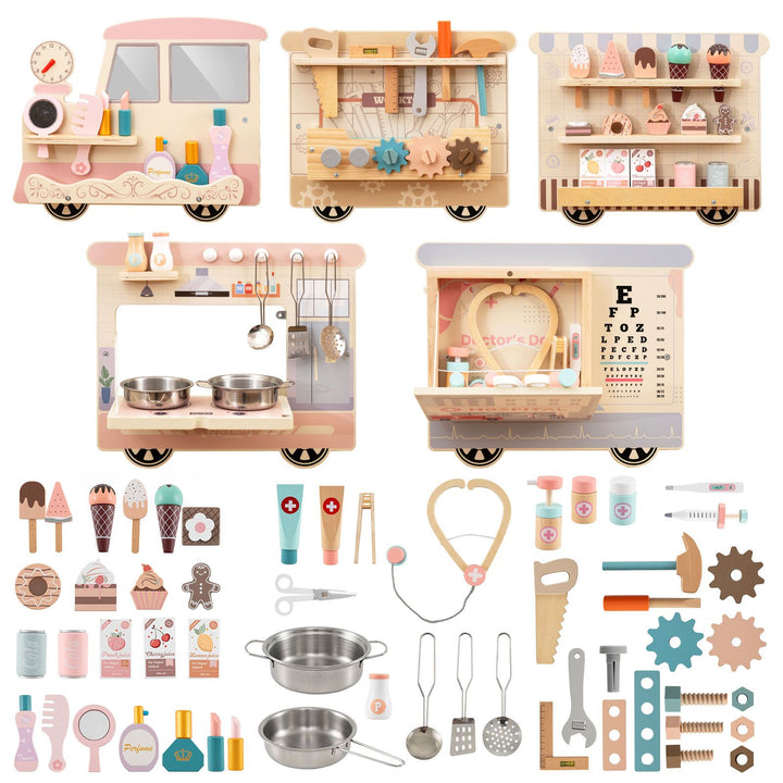 Five wooden train-themed sensory wall panels with role-play accessories