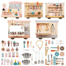 Five wooden train-themed sensory wall panels with role-play accessories