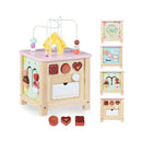 Dessert wooden activity cube and three blocks, with four inset views showing different sides of the same cube
