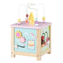 Reverse view of the dessert wooden activity cube with bead maze, shape sorter and moving play pieces