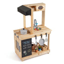 Natural wooden mud kitchen with sink, chalkboard cabinet and cookware; extra styling props not included