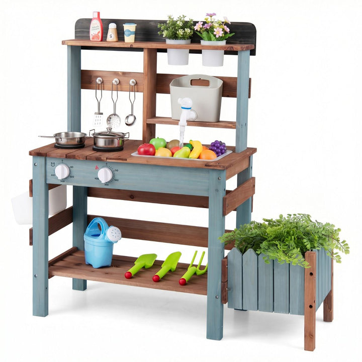 Brown and blue wooden mud kitchen with side planter, water tank and tap; plants, toy food and condiment props are not included