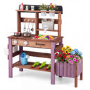 Brown and purple wooden mud kitchen with side planter, water tank and tap; plants, toy food and condiment props are not included