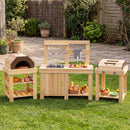 Natural wooden mud kitchen, pretend pizza oven and barbecue shown together; additional styling props not included