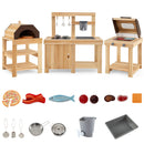 Three-piece wooden mud kitchen, pretend barbecue and pizza oven with included play-food and cookware