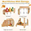 Top shelf, three utensil hooks, cabinet and lower shelf on the wooden mud kitchen