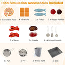 Included pretend food, three kitchen utensils, pan, pot, water tank and sink