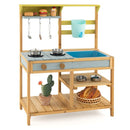 Natural, blue and yellow wooden mud kitchen with removable sink and refillable water-box tap; cookware and styling props are not included
