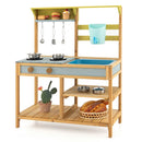 Alternate view of the mud kitchen with blue basin, water-box tap and open shelves; pictured cookware and props are not included