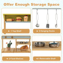 Mud kitchen storage layout: top shelf, three hooks, two fixed shelves and removable middle shelf; pictured accessories are not included