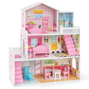 Pink three-storey wooden dollhouse with miniature furniture