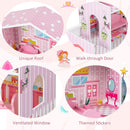 Roof, doorway, window and printed room details of the dollhouse
