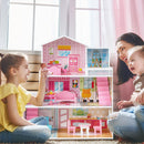 Pink dollhouse being arranged during pretend play