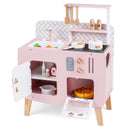 Compact Pink and White Play Kitchen with Cookware - styled storage view; see supplied-items list