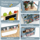 Top and middle shelves, lower shelf, mesh storage bag and two metal baskets in a styled play arrangement