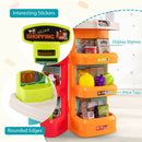 Multicolour toy supermarket shelves, shopping stickers and decorative toy price tags