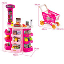 Pink pretend supermarket measuring 48 by 24 by 78 cm and shopping cart measuring 43 by 23.5 by 44 cm
