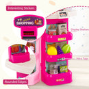 Pink toy supermarket display shelves, rounded edges and decorative shopping stickers