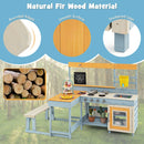 Fir wood mud kitchen with side table and bench showing rounded edges and frame details