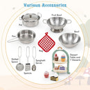 Included pretend kitchen accessories: cookware, utensils, cloth, dessert stand and seven toy desserts