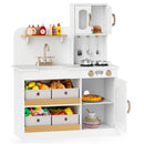 White play kitchen with four fabric bins; extra food and crockery props are not included