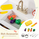 Included toy knife, cutting board, four play vegetables, cookware and utensils