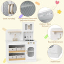 White kitchen details showing handles, windowed doors, door bumpers and four fabric bins