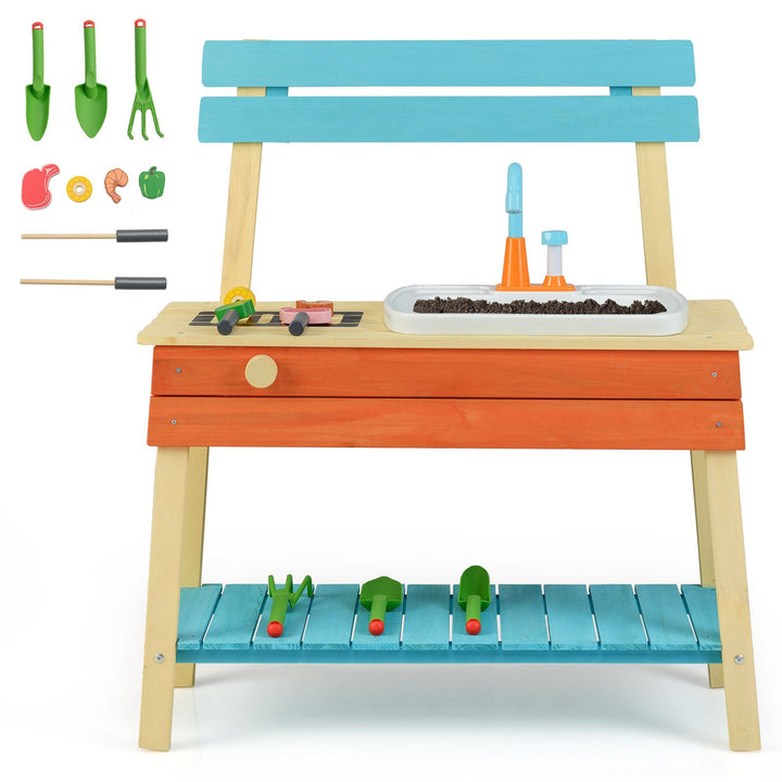 Blue and orange wooden mud kitchen with circulation sink, three gardening tools and toy barbecue food and skewers; soil is not included