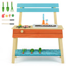 Blue and orange wooden mud kitchen with circulation sink, three gardening tools and toy barbecue food and skewers; soil is not included