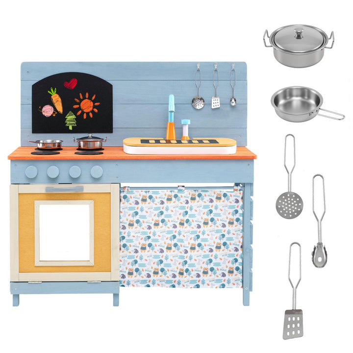 Blue wooden mud kitchen with patterned curtain, sink cover, chalkboard and included toy cookware