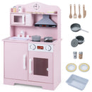 Wooden Play Kitchen with Light and Sound Range Hood – Pink with included pretend-play accessories