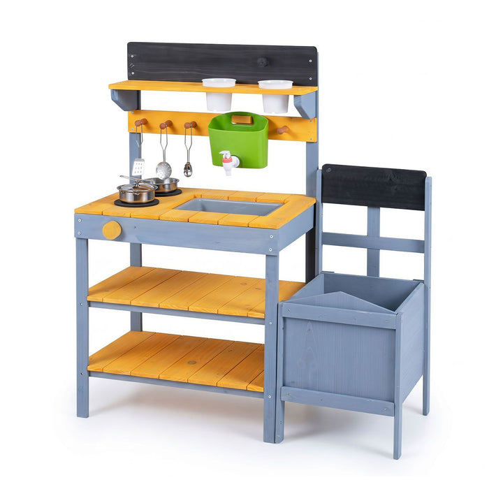 Blue-grey and yellow wooden mud kitchen with side planter, removable sink and supplied accessories