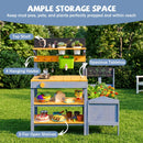 Mud kitchen top shelf, four utensil hooks and two lower shelves; additional props not included