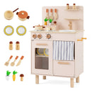 Compact Wooden Play Kitchen with Curtains and Toy Food – Beige with included pretend-play accessories