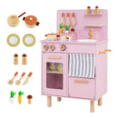 Compact Wooden Play Kitchen with Curtains and Toy Food – Pink with included pretend-play accessories