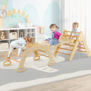 Natural wooden climbing triangle, arch and ramp set, view 1