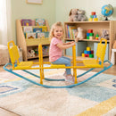 Yellow and blue three-seat rocking seesaw, view 1