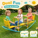 Yellow and blue three-seat rocking seesaw, view 2