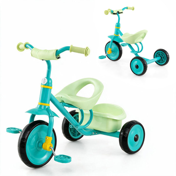 Green toddler tricycle with rear basket, view 3