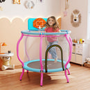 Pink and light blue kids enclosed trampoline, view 1