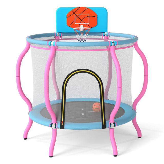 Pink and light blue kids enclosed trampoline, view 3