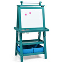 Blue double-sided kids art easel with two fabric storage bins