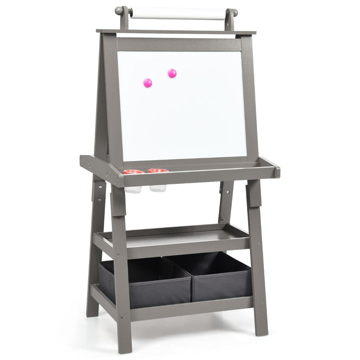 Grey double-sided kids art easel with two fabric storage bins