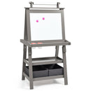 Grey double-sided kids art easel with two fabric storage bins