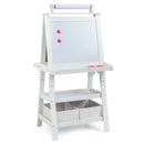 White double-sided kids art easel with two fabric storage bins